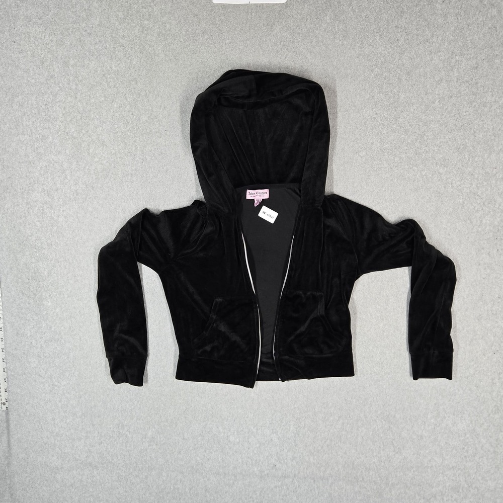 Juicy Couture Women Hoodie S Black Cropped Zipper Rhinestone Logo READ